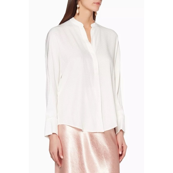 Vince Dot Silk Jacquard Popover Off White Banded Collar Blouse Sz XS - Picture 2 of 16